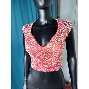 Sarah La USA Red Lace Floral Sheer V Neck Cap Sleeve Top Women's Size Small